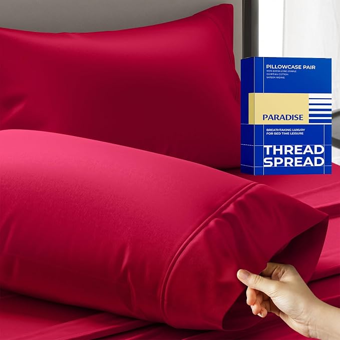 Thread Spread 100% Egyptian Cotton Pillow Cases Queen Size Set of 2 - Luxury 1000 Series Paradise Collection Queen Pillow Cases (Red), Soft Cooling Sateen Hotel Egyptian Cotton Pillowcases