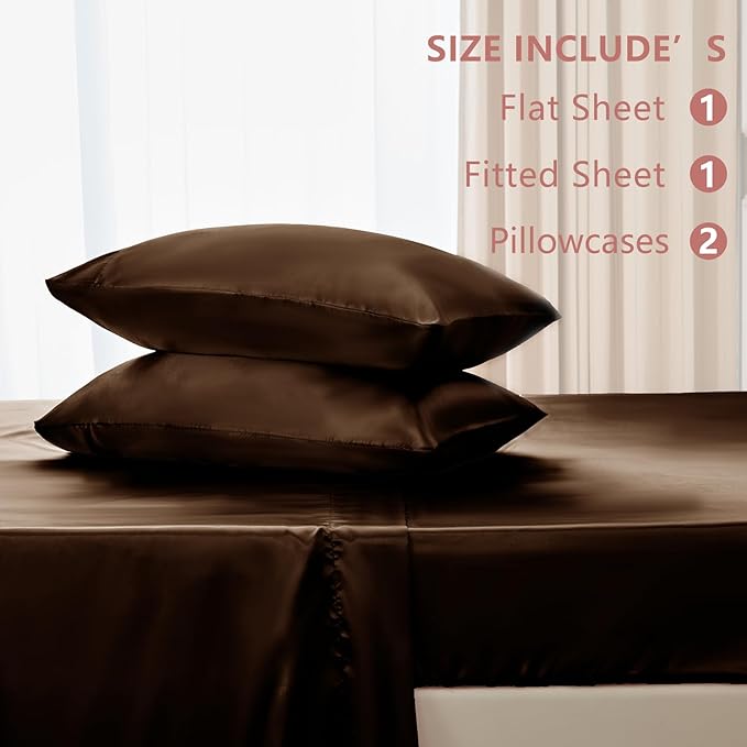 CozyLux Satin Sheets Queen Size Bed Set - 4 Piece Silky Queen Sheet Set, Luxury Brown Queen Sheets with Smooth and Soft Microfiber, Includes 1 Fitted Sheet, 1 Flat Sheet and 2 Pillowcases