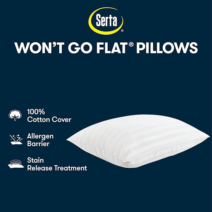 Serta Won't Go Flat King Size Set of 2 Down Alternative Bed Pillows, Extra Life Foam Core with Medium Support, Perfect for Back, Stomach or Side Sleepers, White