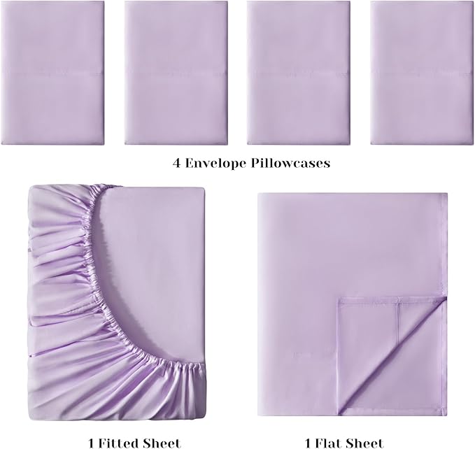 BYSURE 6 Pieces Bed Sheets Set(Queen, Lavender) - Hotel Luxury Super Soft 1800 Thread Count 100% Microfiber Sheets with Deep Pockets, Wrinkle & Fade Resistant