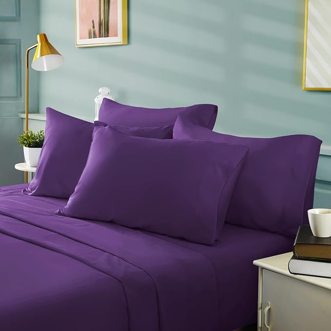 BYSURE 6 Pieces Bed Sheets Set(Queen, Eggplant Purple) - Hotel Luxury Super Soft 1800 Thread Count 100% Microfiber Sheets with Deep Pockets, Wrinkle & Fade Resistant
