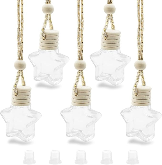 5 pcs Car Hanging Empty Glass Perfume Bottles Pendant Bottle, DIY Air Freshener Pendant, Empty Clear Glass Essential Diffuser Oil Aromatherapy, Glass Bottle Decor (Five-Pointed Star)
