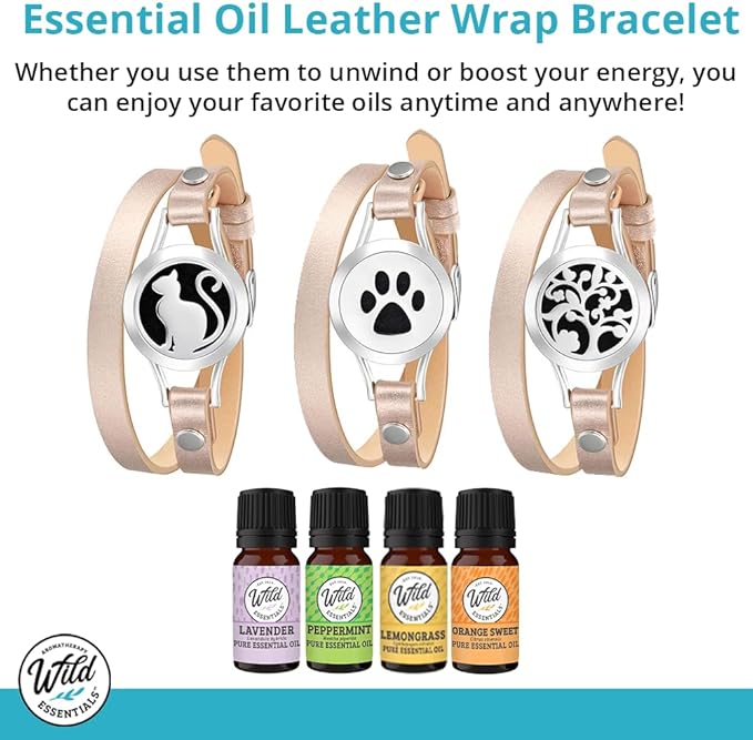 Wild Essentials Nautical Star Essential Oil Leather Wrap Bracelet Diffuser, Gift Set, Lavender, Lemongrass, Peppermint, Orange Oils, 12 Pads, Customizable Color Changing Perfume Jewelry, Aromatherapy