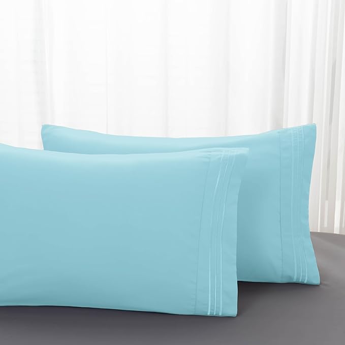 Mocassi 2-Piece Premium King Pillowcase Set 1800 Series Hotel Quality Microfiber - Soft and Breathable with 3-Line Embroidery Wrinkle and Stain Resistant, Easy Care, 20" x 40", Aqua Blue