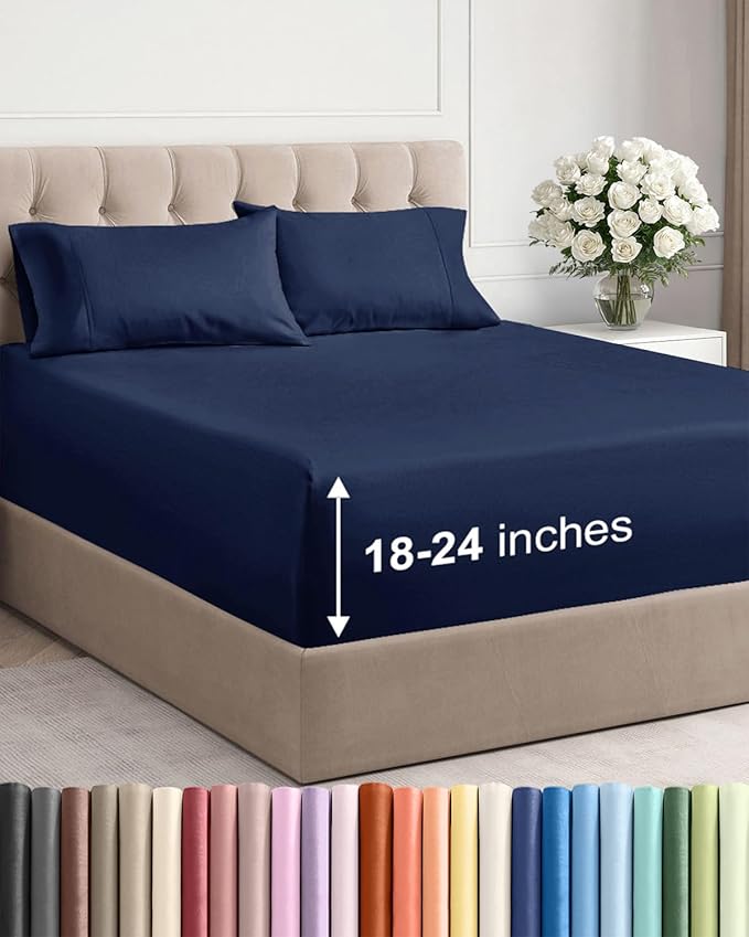 Extra Deep Cal King Sheet Set - 4 Piece Breathable & Cooling Bed Sheets - Easily Fits 18 to 24 inch Mattress - Ultra Soft, Wrinkle & Fade Free w/ Extra Deep Pockets - Hotel Luxury Bedding - Navy Blue