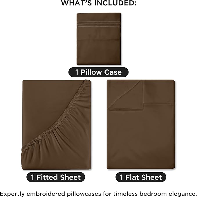 ROYALE LINENS 3 Piece Twin Sheets Set - Soft Brushed 1800 Microfiber Bedding - 1 Fitted, 1 Flat Sheet, 1 Pillow case - Wrinkle Free & Fade Resistant - Hotel Luxury Bed Sheets (Chocolate Brown, Twin)