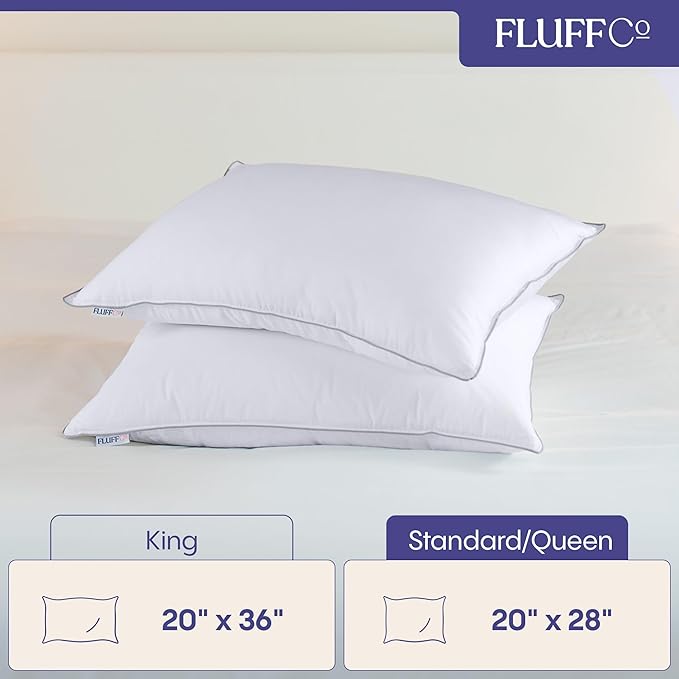 FluffCo Basics Down Alternative Bed Pillows - Cooling Cotton Shell with Supportive Gel-Fiber Fill - Pillows for Side, Back, and Stomach Sleepers - Made in USA - Standard/Queen Size, Set of 2
