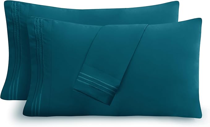 Mocassi 2-Piece Premium King Pillowcase Set 1800 Series Hotel Quality Microfiber - Soft and Breathable with 3-Line Embroidery Wrinkle and Stain Resistant, Easy Care, 20" x 40", Midnight Teal