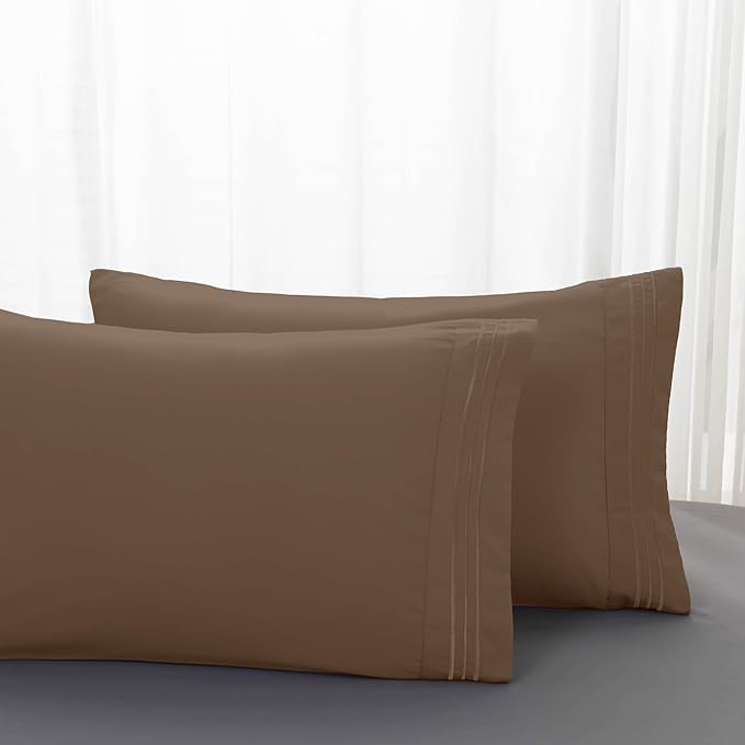 Mocassi 2-Piece Premium King Pillowcase Set 1800 Series Hotel Quality Microfiber - Soft and Breathable with 3-Line Embroidery Wrinkle and Stain Resistant, Easy Care, 20" x 40", Taupe