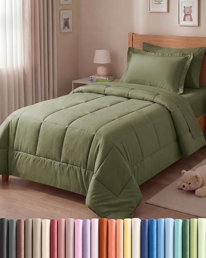 Twin Comforter Set - 5 Piece Bed in a Bag Twin Size Bed Set - Down Alternative Comforter, Flat Sheet, Fitted Sheet, Pillowcase & Sham for All Seasons - Ultra Soft, Comfy and Breathable - Sage Green