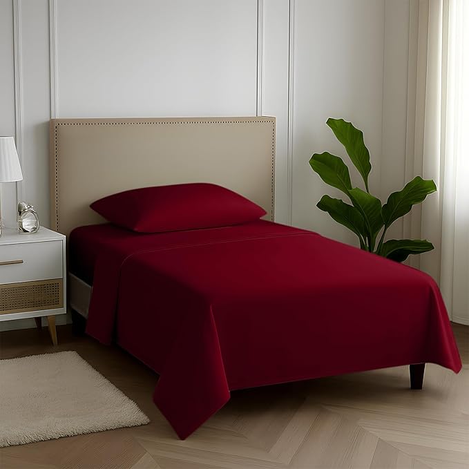 Carressa Linen 100% Egyptian Cotton Twin Sheets Set - 600 Series Hydrangeas Collection Egyptian Cotton Luxury Twin Sheets (3 PC, Burgundy), 16" Deep Pocket, Soft, Cooling, Sateen Weave Bedding