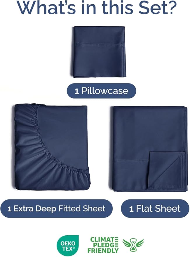 Extra Deep Twin Sheet Set - 3 Piece Breathable & Cooling Bed Sheets - Easily Fits 18 to 24 inch Mattress - Ultra Soft, Wrinkle & Fade Free with Extra Deep Pockets - Hotel Luxury Bedding - Navy Blue