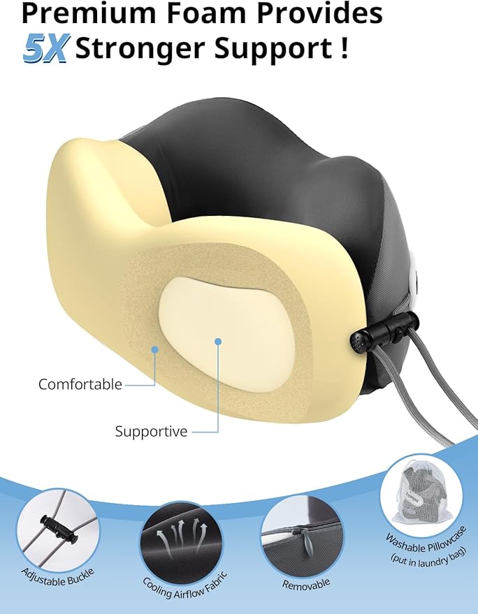Inspireyes Neck Pillow, Travel Pillow with Seat Strap, 3D Sleep Mask, Dual Support Neck Head, High Supportive Foam Airplane Pillow for Long Flight Road Trip, Stop Bobblehead Travel Essential, Beige