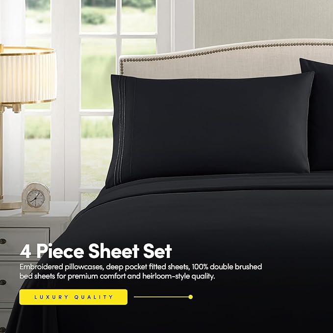 1500 Supreme Collection Extra Soft Split King Sheets Set, Black - Luxury Bed Sheets Set with Deep Pocket Wrinkle Free Bedding, Over 40 Colors, Split King Size, Black