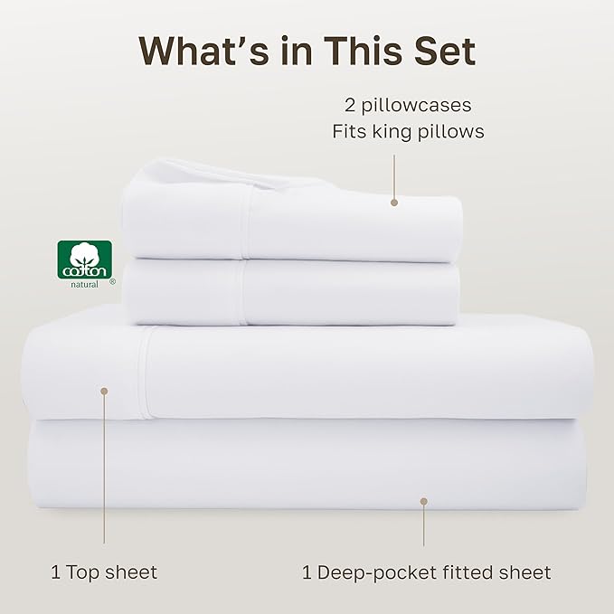 California Design Den Soft 100% Cotton King Sheet Set, 400 Thread Count Good Housekeeping Award Winner, Silky Smooth Sateen Weave with Deep Pockets, Breathable and Durable Cotton Bedding Set - White