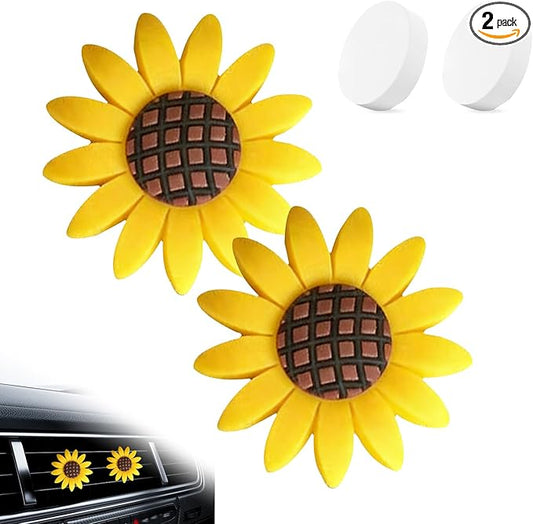 2 PCS Sunflower Car Air Vent Clips, Flower Cute Nature Diffuser Clip, Alloy Anti-rust Vibrant Straight Outlet Ornament, Interior Decoration Accessory for Most Cars (Yellow)