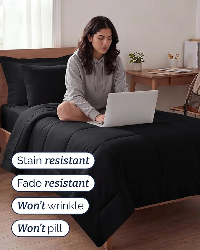 Twin XL Comforter Set - 5 Piece Bed in a Bag Twin XL Size Bed Set - Down Alternative Comforter, Flat Sheet, Fitted Sheet, Pillowcase & Sham for All Seasons - Ultra Soft, Comfy and Breathable - Black