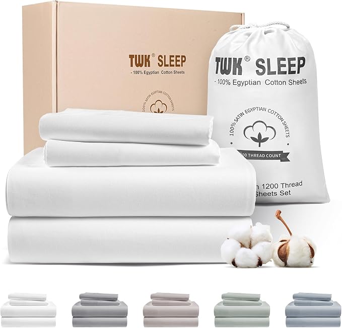 TWK 1200 TC 100% Egyptian Long-Staple Cotton Bedding Sheets Set, Luxury Hotel Style Deep Pocket with Elastic Reinforced Seams Sheet Set, Soft & Comfy Natural Sheets