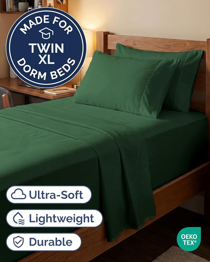 Extra Deep Twin XL Sheet Set - 4 Piece Breathable and Cooling Sheets - Hotel Luxury Bedding for Women, Men, Kids & Teens - Easy Secure Fit - Soft & Wrinkle Free - Extra Deep Pockets - Emerald Green
