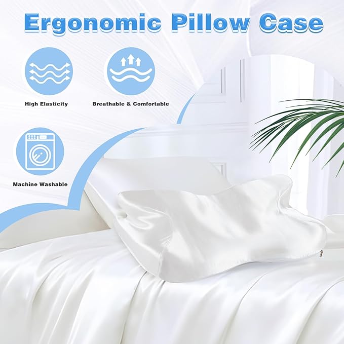 Satin Pillowcase for Cervical Pillow, White Silky Cervical Pillow Case Contour Pillow Case Cover with Zipper, Smooth Ergonomic Pillowcase for Neck Pillow Cover