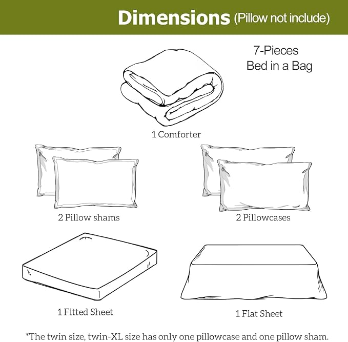 7-Piece Queen Bed in a Bag, Super Soft Queen Sheet Set with Comforter, Solid PolyCotton All Season Down Alternative Comforter 1 Flat Sheet Fitted Sheet 2 Pillow Case 2 Pillowsham, Olive Green