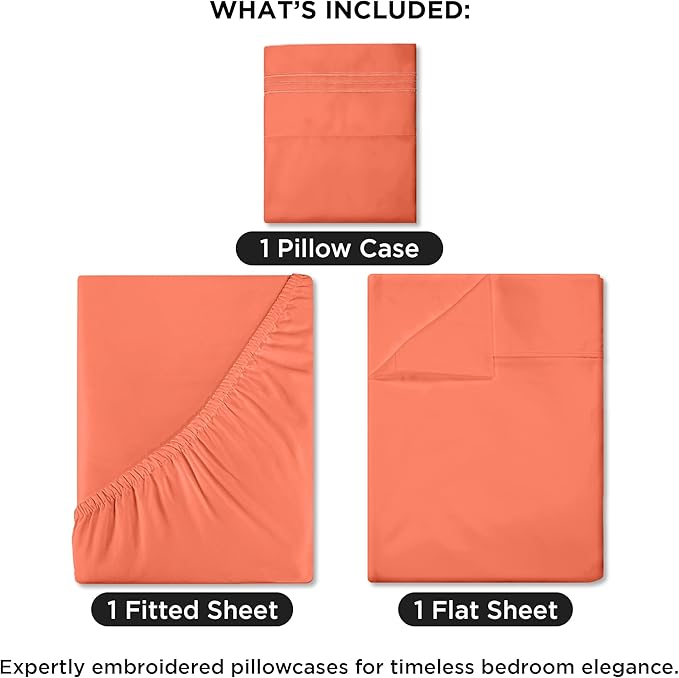 ROYALE LINENS 3 Piece Twin Sheets Set - Soft Brushed 1800 Microfiber Bedding - 1 Fitted and 1 Flat Sheet, 1 Pillow case - Wrinkle Free & Fade Resistant - Hotel Luxury Bed Sheets Set (Coral, Twin)