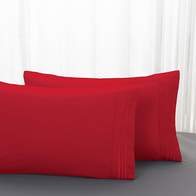 Mocassi 2-Piece Premium Standard/Queen Pillowcase Set 1800 Series Hotel Quality Microfiber - Soft and Breathable with 3-Line Embroidery Wrinkle and Stain Resistant, Easy Care, 20" x 30", Red