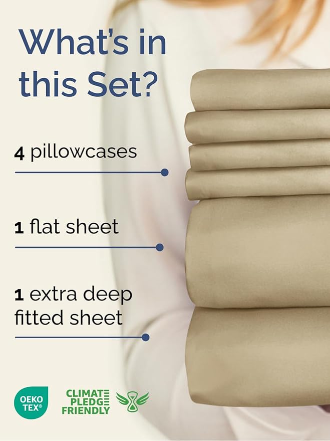 Extra Deep Queen Sheet Set - 6 Piece Breathable and Cooling Sheets - Hotel Luxury Bedding for Women, Men, Kids & Teens - Easy & Secure Fit - Soft, Wrinkle Free and Comfy - Extra Deep Pockets - Beige