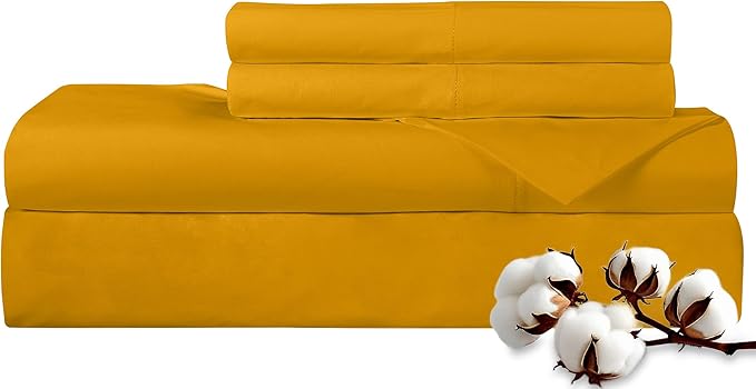 ROYALE LINENS 300 Thread Count 100% Long Staple Combed Cotton Sheet Set - 4 Piece King Bed Sheets - 1 Fitted, 1 Flat & 2 Pillow Cases - Soft Cool & Crisp Sheet Set (King, Yellow)