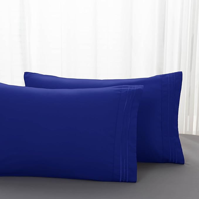 Mocassi 2-Piece Premium Standard/Queen Pillowcase Set 1800 Series Hotel Quality Microfiber - Soft and Breathable with 3-Line Embroidery Wrinkle and Stain Resistant, Easy Care, 20" x 30", Imperial Blue