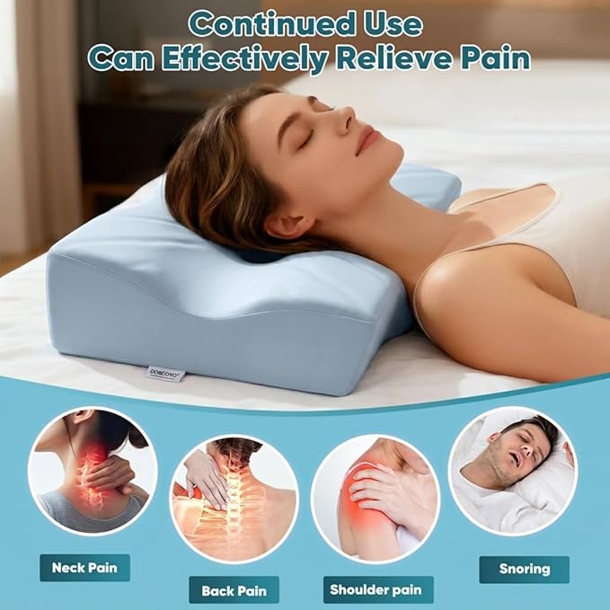 DOBUONO Cervical Neck Pillow - Side Sleeper Pillow for Neck Pain Relief, Odorless Memory Foam Pillow with Cooling Cover & Dual Height, Ergonomic Contour for Neck & Shoulder Support, Blue