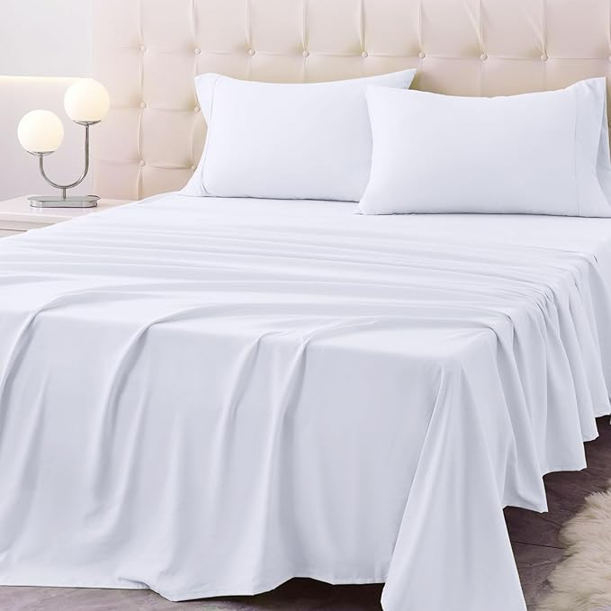 Twin Size Bed Sheet Set - 3 Piece Soft Microfiber Sheets with Deep Pockets, Cooling Technology, and Wrinkle-Free Pillowcase. Hotel-Quality, Durable Bedding, Brilliant White