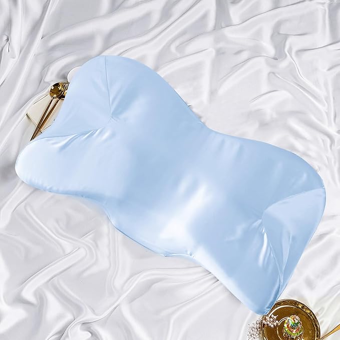 Satin Pillowcase for Cervical Pillow, Baby Blue Silky Cervical Pillow Case Contour Pillow Case Cover with Zipper, Smooth Ergonomic Pillowcase for Neck Pillow Cover