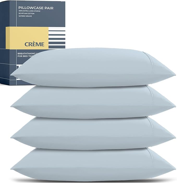THREAD SPREAD 100% Egyptian Cotton Pillow Cases Queen Size Set of 4 - Luxury 1500 Series Queen Pillow Cases (Light Blue), Soft Cooling Envelope Closure Hotel Quality Egyptian Cotton Pillowcases