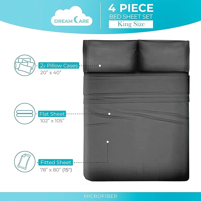 DREAMCARE Twin XL Sheet Sets - 4 pcs Breathable Cooling Bed Sheets - up to 15" Deep Pocket Twin XL Sheets Set with Side Pockets - Extra Soft 100% Brushed Hypoallergenic Hotel Luxury Bedding -Dark Gray