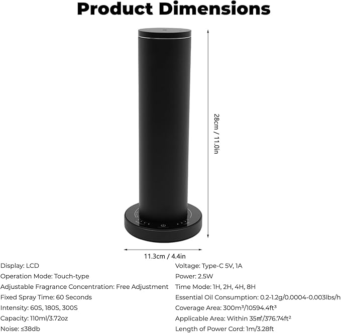 110ML Aroma Scent Diffuser Large Room Aromatherapy Diffuser- 10000 FT³ Smart Essential Oil Diffuser with App Control Ideal for Home Office, Hotel(Black)