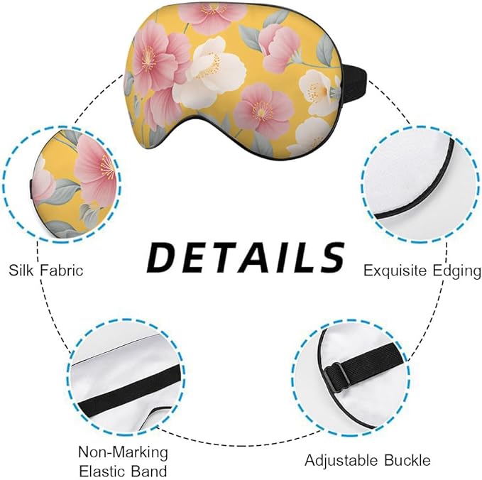 Floral Sleep Eye Mask Japanese Papaya Flowers Yellow Retro Theme Silk Eye Mask Sleeping Soft Eye Shade Cover for Men Women Boy Girl Airplane Travel with Elastic Strap