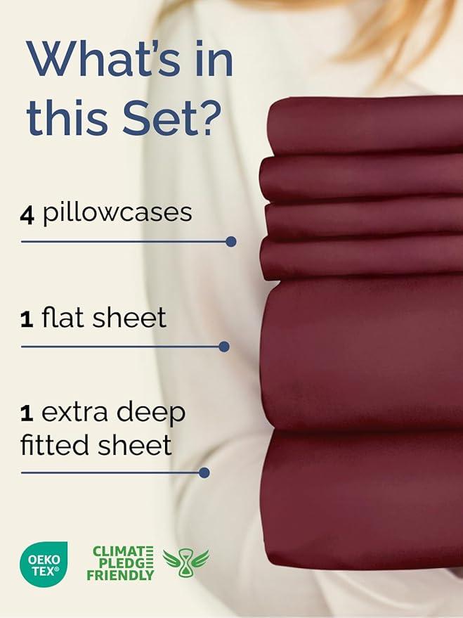 Extra Deep Full Sheet Set - 6 Piece Breathable and Cooling Sheets - Hotel Luxury Bedding for Women, Men, Kids & Teens - Easy & Secure Fit - Soft, Wrinkle Free and Comfy - Extra Deep Pockets - Burgundy