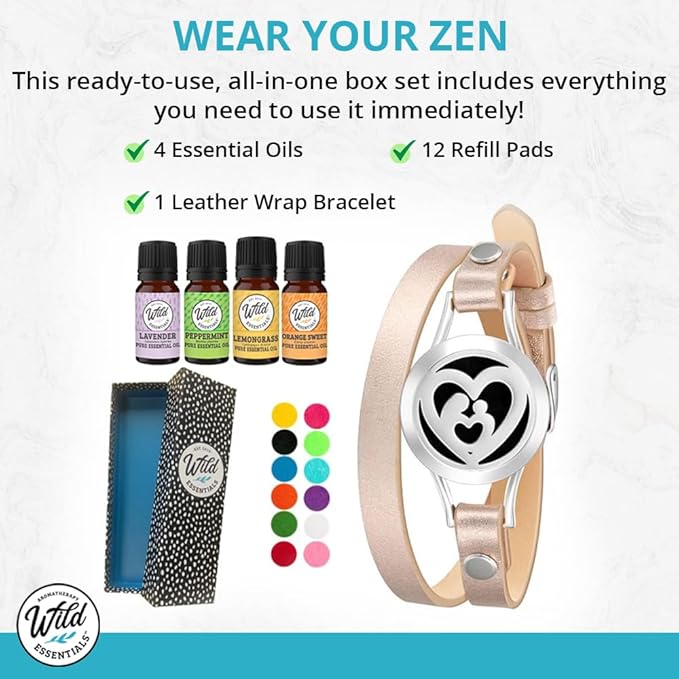 Wild Essentials Happy Frog Essential Oil Leather Wrap Bracelet Diffuser Kit, Gift Set, Lavender, Lemongrass, Peppermint, Orange Oils, 12 Pads, Customizable Color Changing Perfume Jewelry, Aromatherapy
