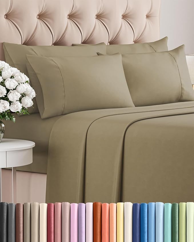 Cal King 6 Piece Sheet Set - Comfy, Breathable & Cooling - Hotel Luxury Bedding for Women, Men, Kids, Teens & Children - 1 Flat & 1 Fitted Sheet & 4 Pillowcases w/ Deep Pockets - Wrinkle Free - Khaki