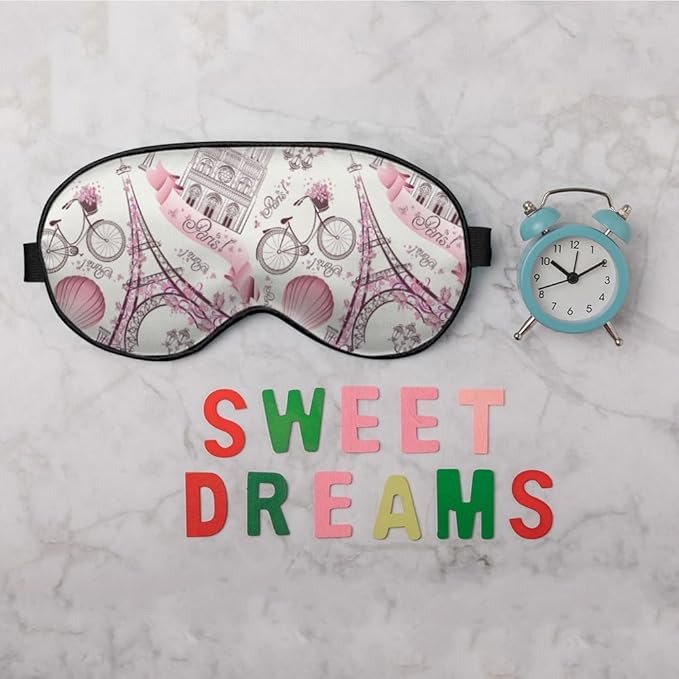 Paris Symbols Sleep Mask Eye Mask Romantic Trip Balloon Bike Pink Sleep Mask Light Blocking Adjustable Smooth Soft Eye Masks for Women Deep Rest Travel