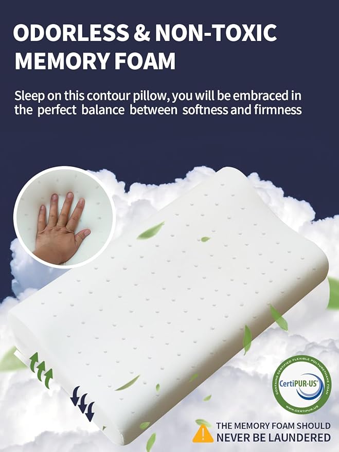 Memory Foam Contour Pillow for Neck Pain Relief, Ergonomic Cervical Pillow with 2 Heights - Orthopedic Support for Side/Back/Stomach Sleepers, Breathable Removable Cover, Queen Size