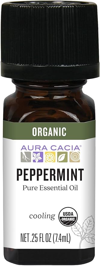 Aura Cacia Organic Peppermint Essential Oil, Mentha Piperita Oil, Cooling Aromatherapy for Diffusers, Skincare, Massage, Custom Blends | 0.25 Fl Oz (Pack of 1)