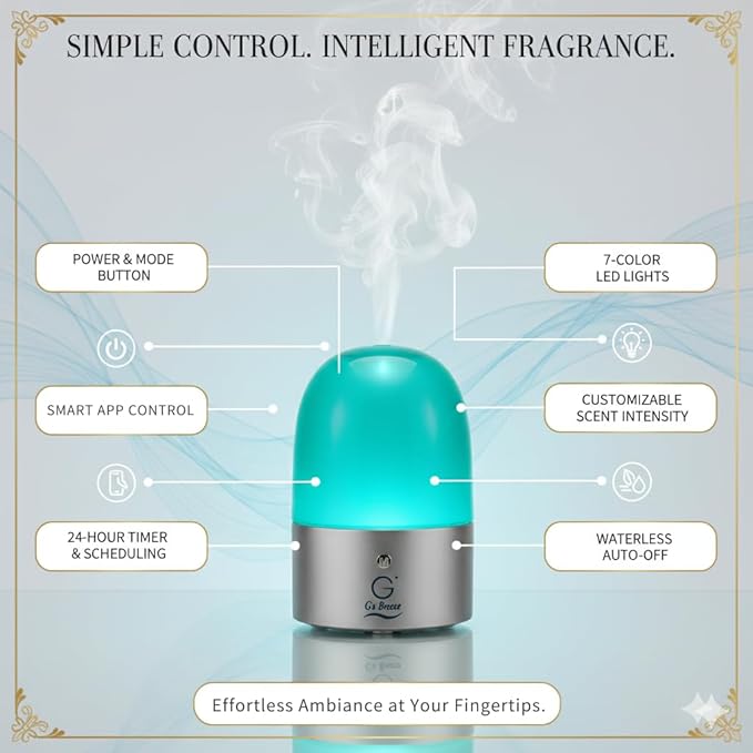 G’s Breeze Smart Diffuser with Refill – Bluetooth & Wi-Fi App Control, Gradient LED Lighting, Adjustable Scent Intensity, Low Noise, 24 Hour, Aromatherapy Diffuser for Home & Office - Cucumber Melon