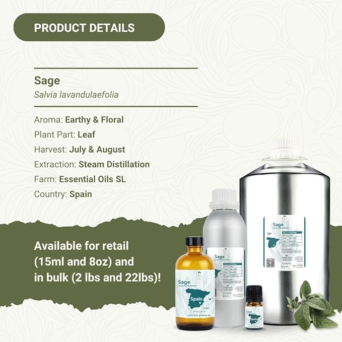 Sage Essential Oil - Direct from Essential Oils SL Spain - Steam Distilled - Aceite Esencial de Salvia for Aromatherapy, Massage, Diffuser, DIY Candle and Soap Making - 8oz