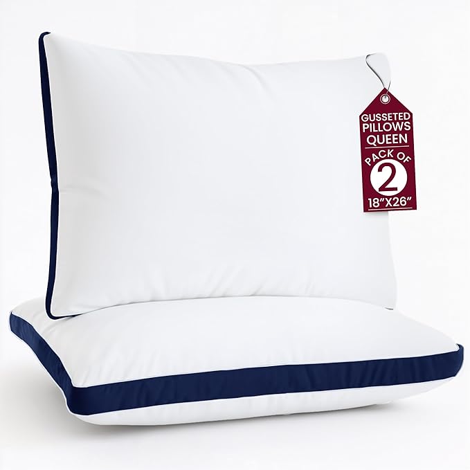LUX Décor Gusseted Style Soft Hotel Pillows Set of 2 – for Side, Stomach & Back Sleepers - Down Alternative Hotel Bed Pillows – 100% Microfiber Cover, Virgin PSF Fill – Navy, Queen 26x18