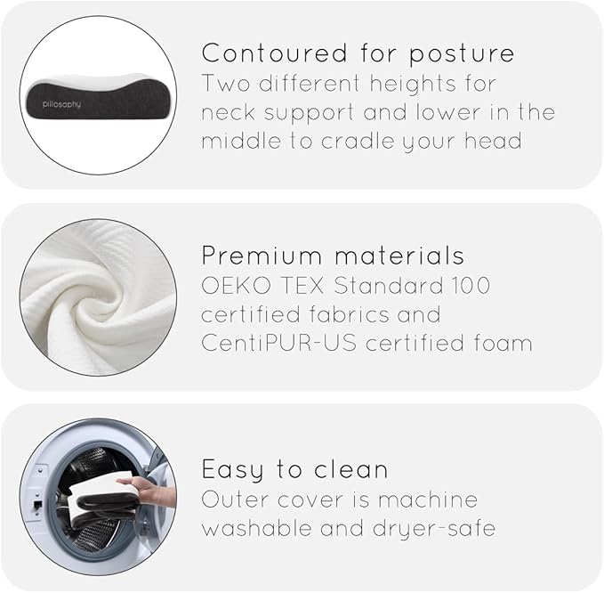 pillosophy SleepTheory Pillow • Contour Shape • Cervical Neck Support • Memory Foam Core • Washable Outer Cover • Medium Firmnesss • Perfect for Back, Side, Stomach Sleepers (Standard Size)