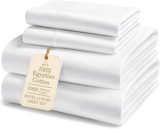 100% Egyptian Cotton Sheets King Size - 1000 Thread Count Silky Sateen King Size Sheets Set, Naturally Cooling & Breathable, Ultra-Soft Hotel Luxury Sheets with 15" Snug Fit Deep Pockets - White