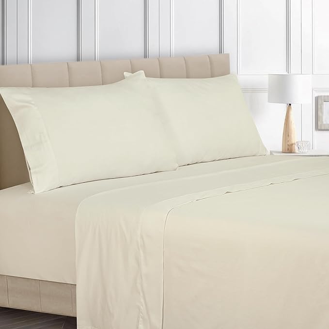 ROYALE LINENS Bamboo Viscose King Sheet Set - Cooling Bed Sheet Set - 1 Fitted, 1 Flat & 2 Pillowcase - Fits Up to 16" - Organic Viscose Derived from Bamboo - Bedding Sheet Set (King, Egret)