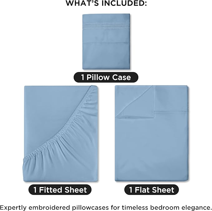 ROYALE LINENS 3 Piece Twin Sheets Set - Soft Brushed 1800 Microfiber Bedding - 1 Fitted and 1 Flat Sheet, 1 Pillow case - Wrinkle Free & Fade Resistant - Hotel Luxury Bed Sheets Set (Lake Blue, Twin)